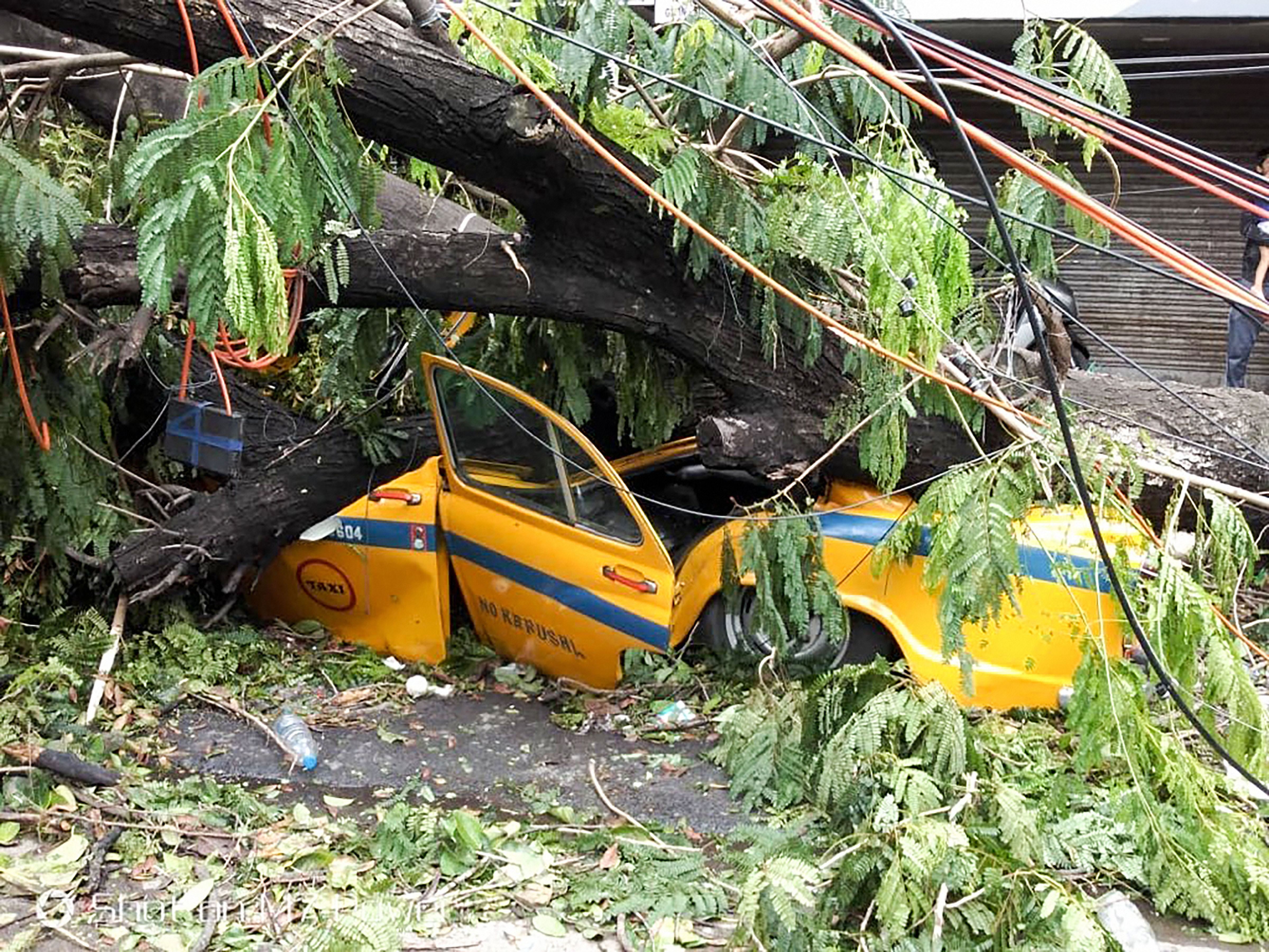 Mangled remains of a taxi after a tree fell on it during Cyclone Amphan at Dharamtala in Calcutta.