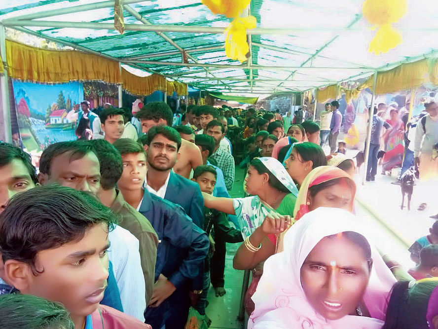 Devotees at the temple in Chatra on Monday. 
