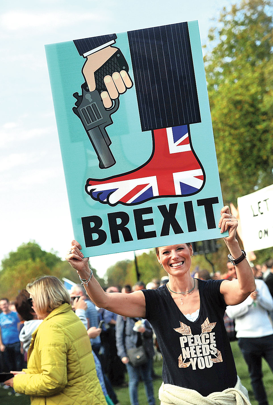 A protester holds a banner during an anti-Brexit demonstration in central London on Saturday. 
