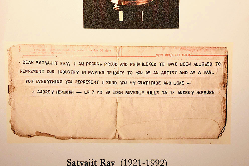 A copy of the telegraph from Audrey Hepburn to Satyajit Ray