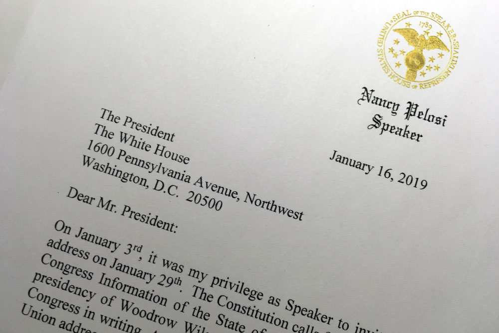 A portion of a letter sent to President Donald Trump from House Speaker Nancy Pelosi, Wednesday, January 16, 2019 in Washington.