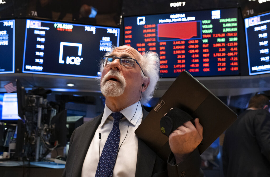 Trader Peter Tuchman works on the floor of the New York Stock Exchange Monday, March 16, 2020.
