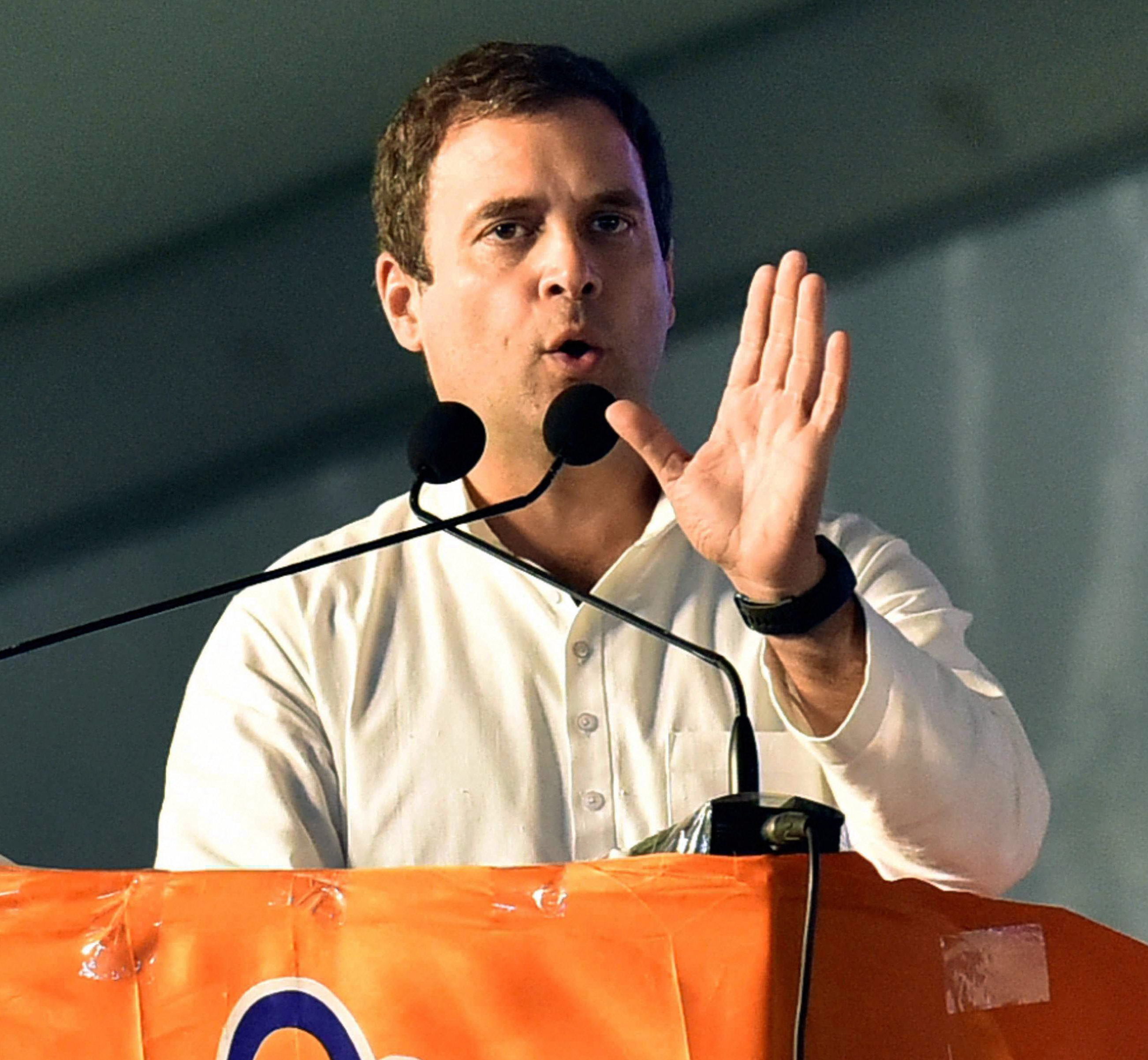 Congress President Rahul Gandhi addresses an election rally in Medchal, Telangana on Friday. 
