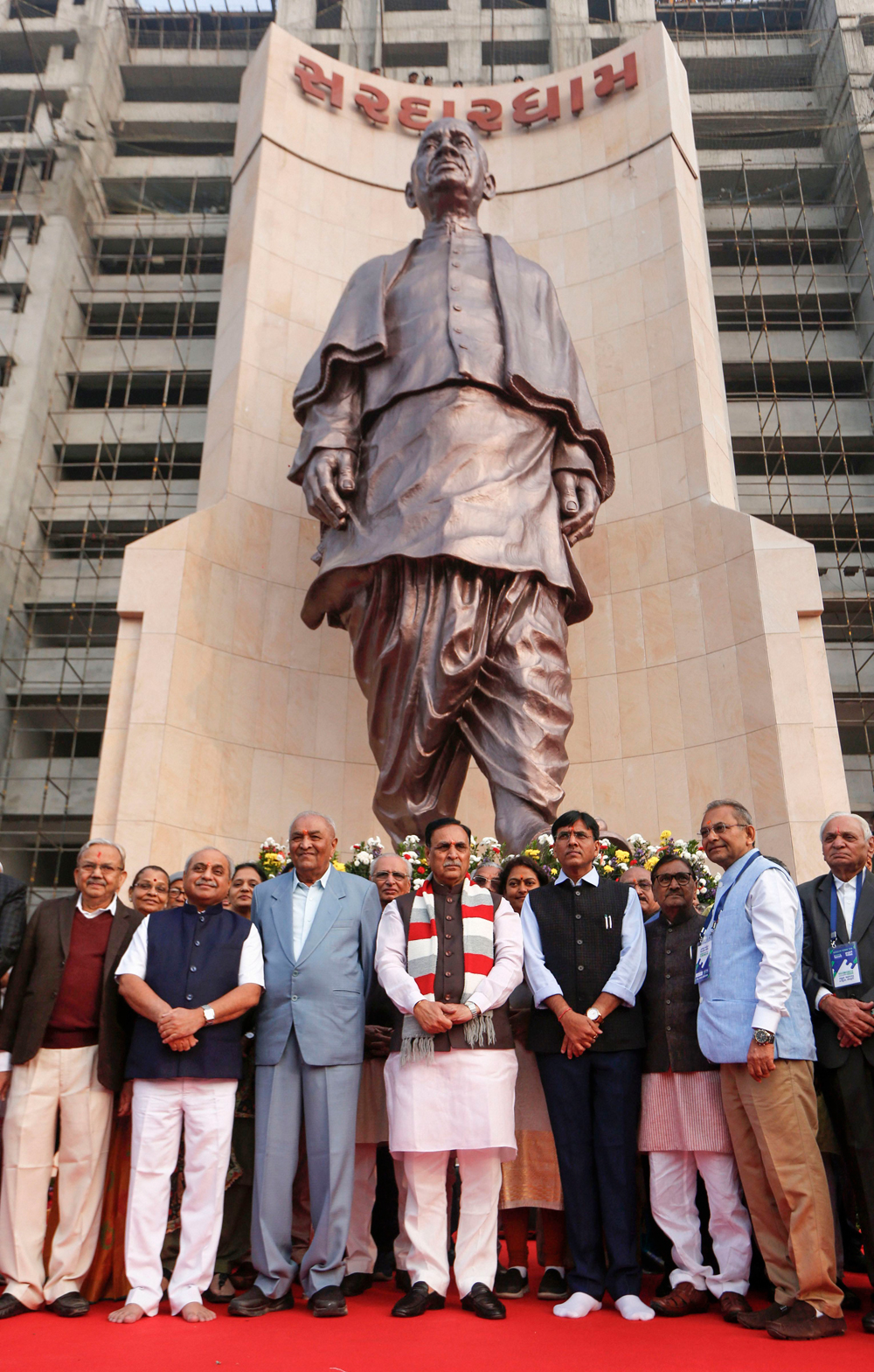 Gujarat chief minister Vijay Rupani and others at the inauguration of a 50ft-high statue of Vallabhbhai Patel in Ahmedabad on January 3