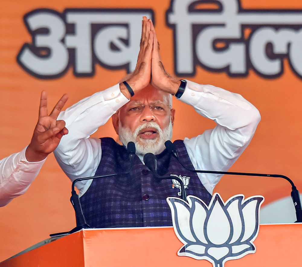 Prime Minister Narendra Modi at an election campaign rally ahead of the Delhi Assembly polls, at Dwarka in New Delhi, Tuesday, February 4, 2020.