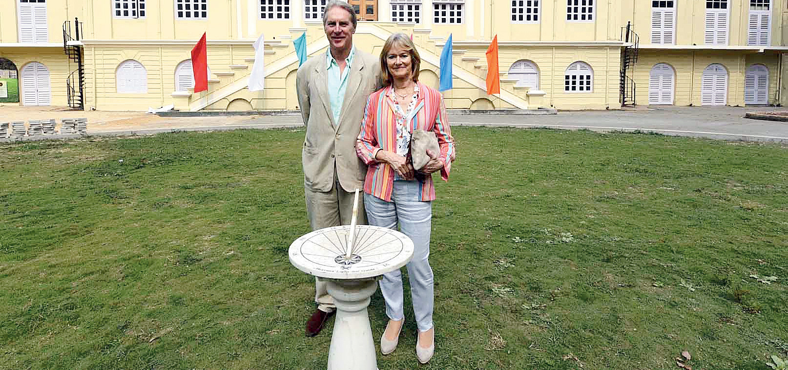 Gilbert Timothy George Lariston Elliot-Murray-Kynynmound, the seventh Earl of Minto, with his wife Diana Barbara Trafford  in front of the Old Government House in Barrackpore on Saturday. 