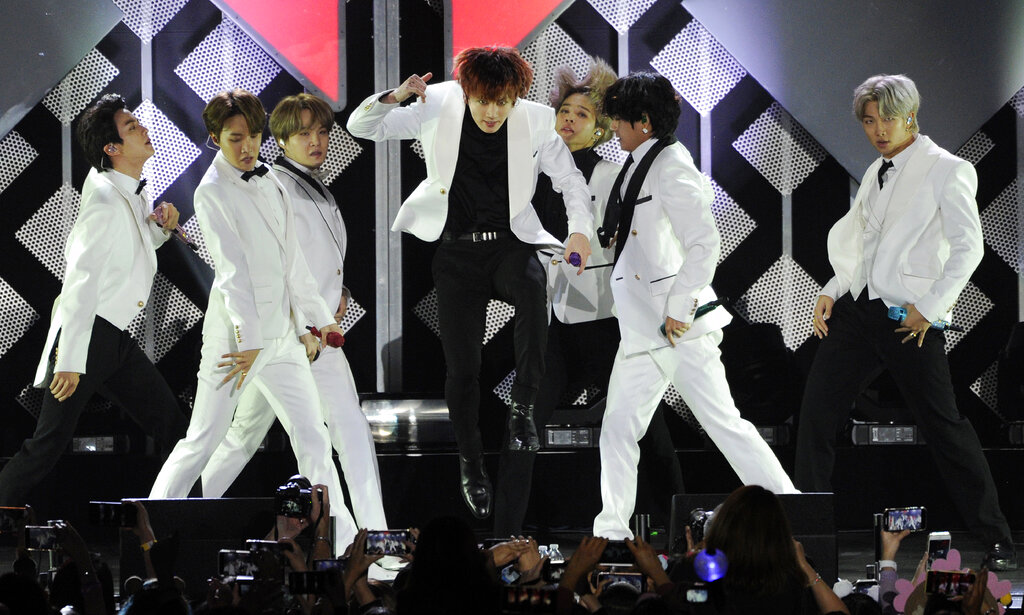 South Korean pop group BTS opens the 2019 KIIS-FM Jingle Ball concert at The Forum, Friday, December 6, 2019, in Inglewood, California