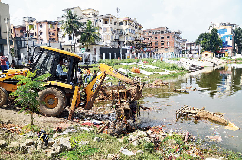 Clean-up underway at Line Tank pond in Ranchi on Friday