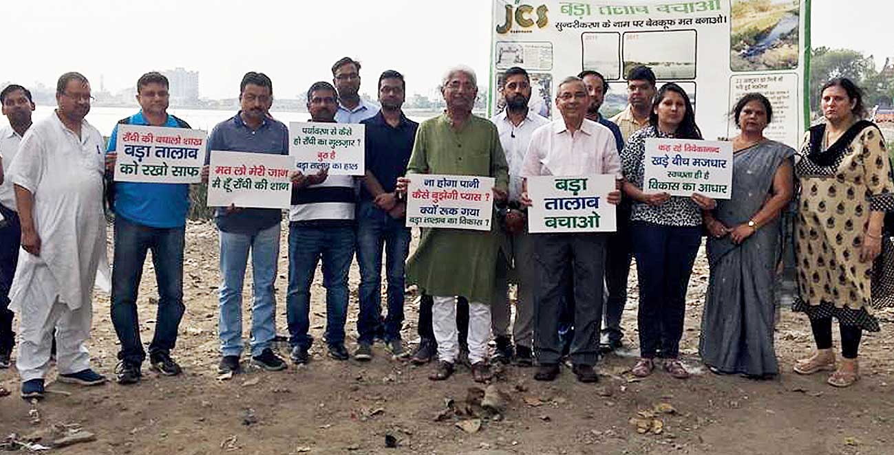 Jharkhand Civil Society members demonstrate near Ranchi Lake on Saturday. 