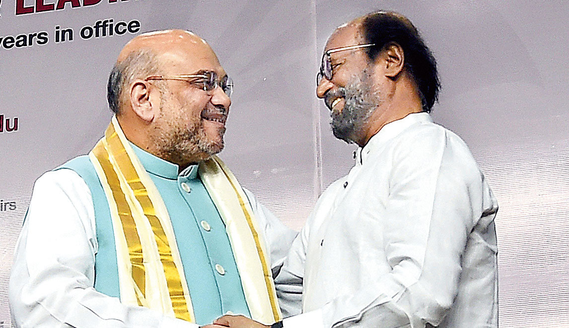 Union home minister Amit Shah with actor Rajinikanth at a book release in Chennai on Sunday. Rajinikanth praised the abrogation of special status to Jammu and Kashmir. 