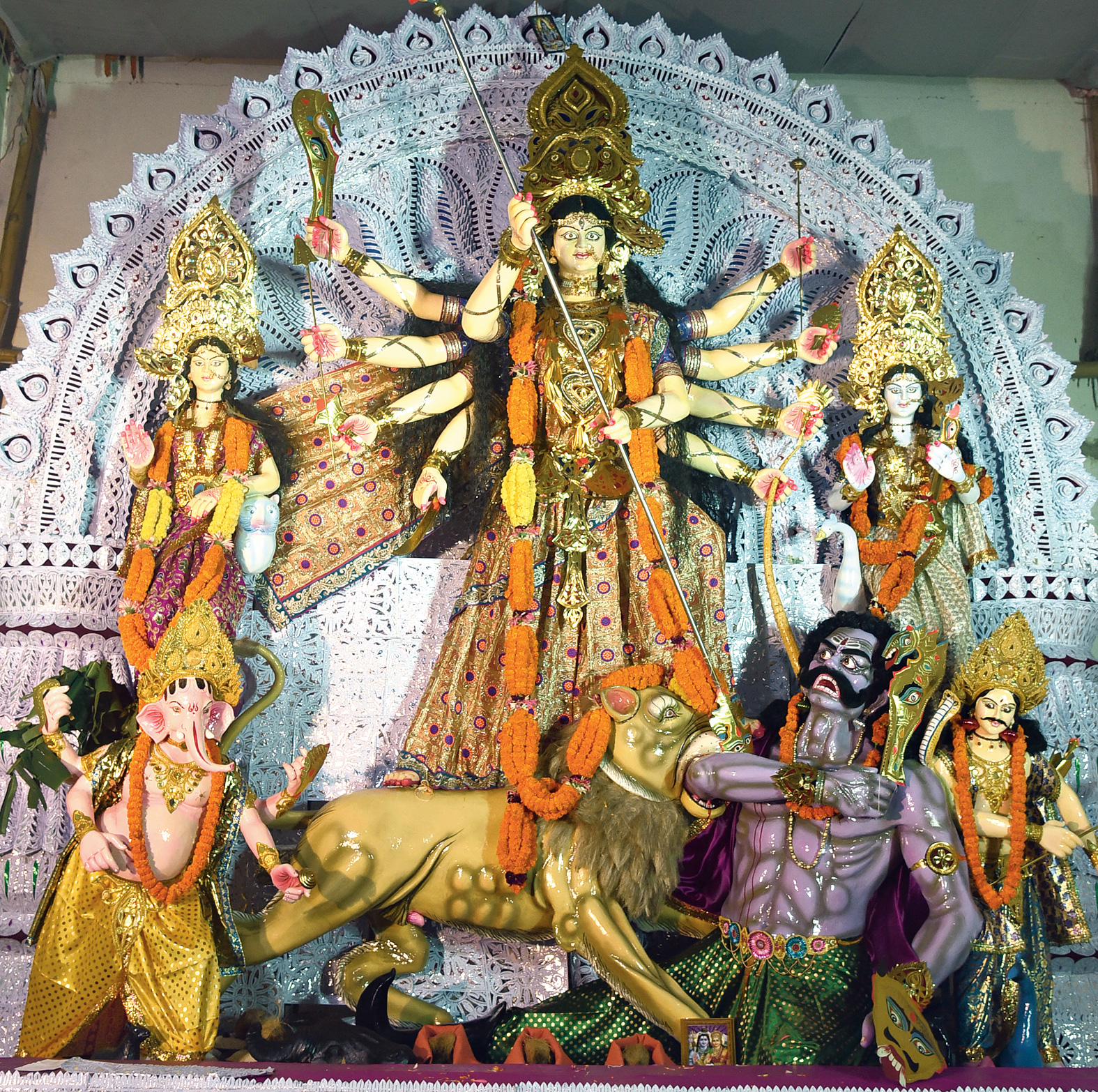 The Durga idol in a mandap at District Centre in Bhubaneswar. 