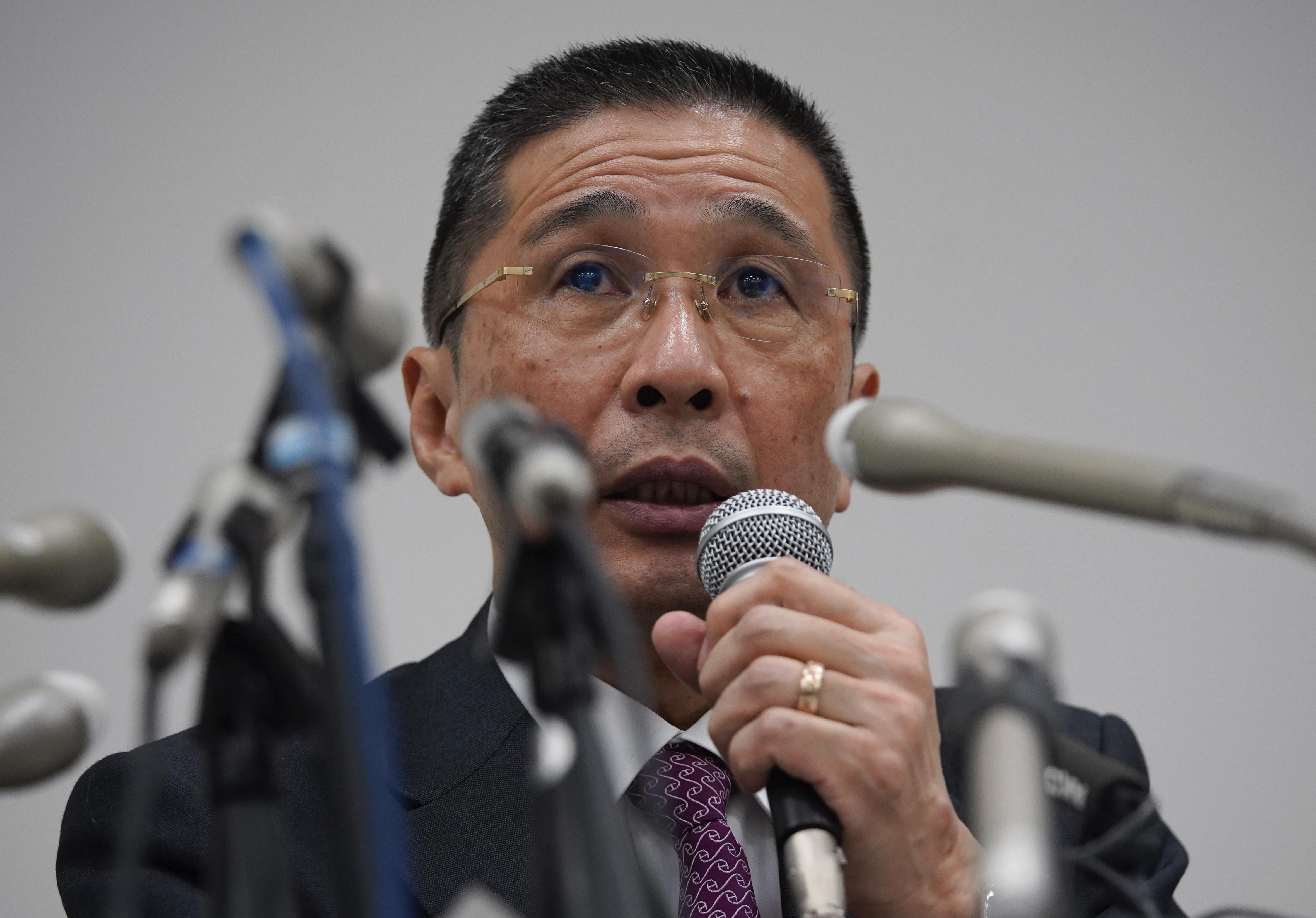 Nissan Motor's president and CEO Hiroto Saikawa at a press conference at the company's global headquarters in Yokohama on Monday, November 19, 2018. Saikawa said the company's chairman Carlos Ghosn, had been arrested and will be dismissed.