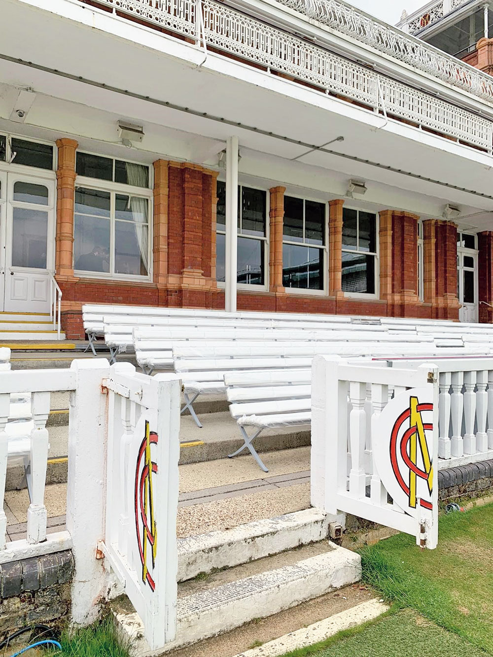 The new benches in front of Lord’s pavilion. 
