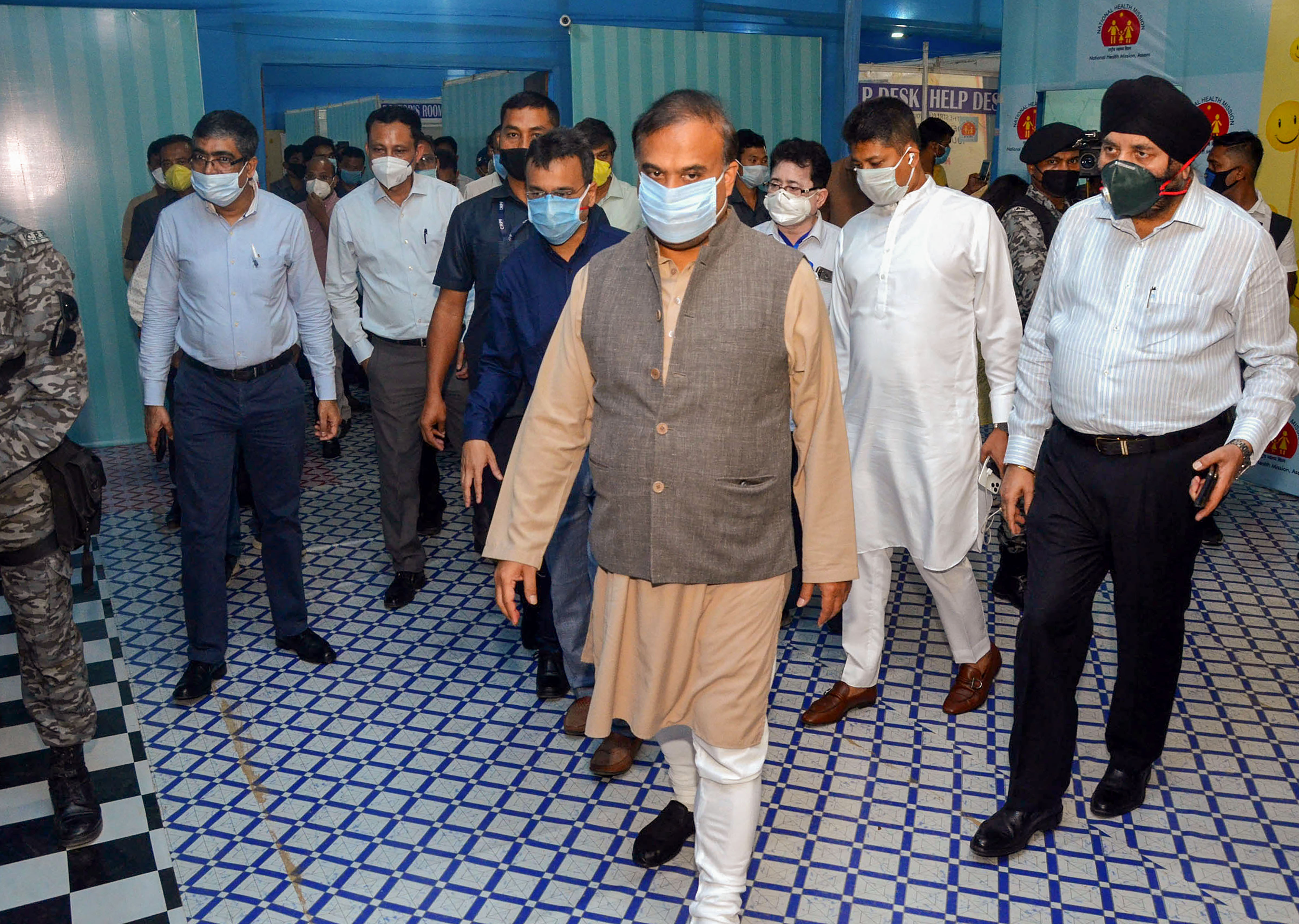 Assam State Finance Minister Himanta Biswa Sarma reviews a quarantine centre setup for COVID19 patients during the nationwide lockdown, at Sarusojoi Sports Complex, in Guwahati on Monday.