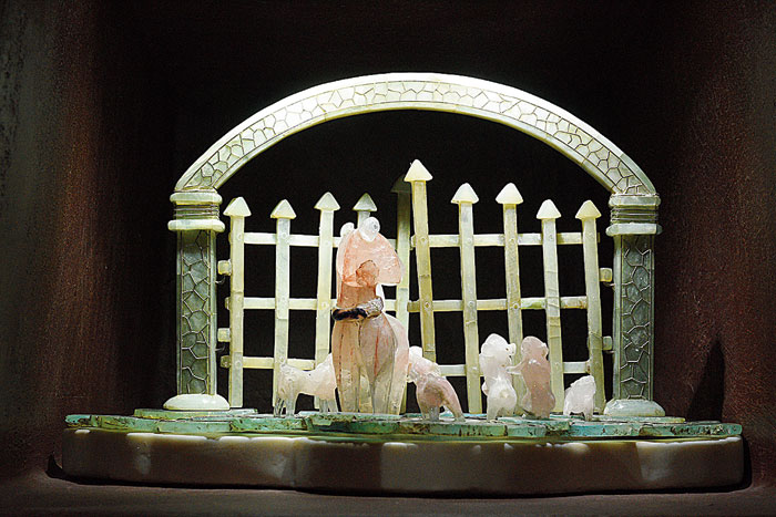 Known as the Dog Family, this piece is carved out of jasmine jade, orange topaz, green-blue onyx and marble and took nearly nine months to be made.