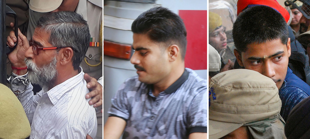 In this combination of three file images, the three main convicts in the Kathua rape case, temple priest Sanji Ram (L), Deepak Khajuria (C) and Parvesh Kumar aka Mannu, are being produced in the District and Sessions Court in Pathankot, Punjab, Thursday, May 31, 2018.
