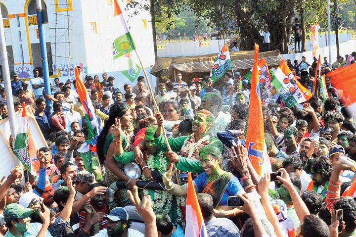 Trinamul supporters celebrate the party’s victory in Kharagpur on Thursday.