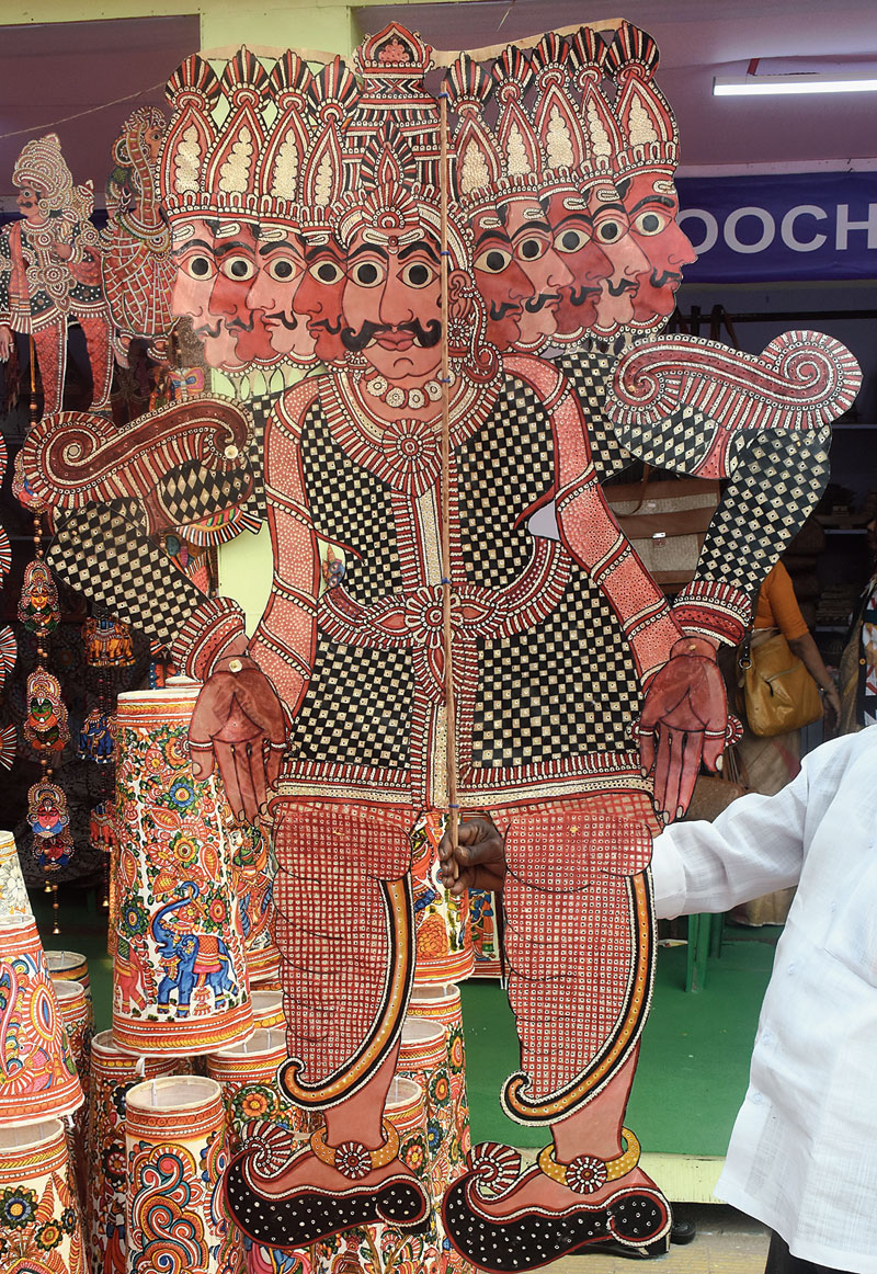 About: Yes, they have motifs of Ganesha and Radha-Krishna too, but it is a wall hanging of Ravana that catches the eye. “Ravana is seen as a villain but there wasn’t a greater devotee of Shiva than him,” says Sindhe Sriramulu from Andhra Pradesh. Made of goat leather, the 5-ft high Ravana can be framed and hung.