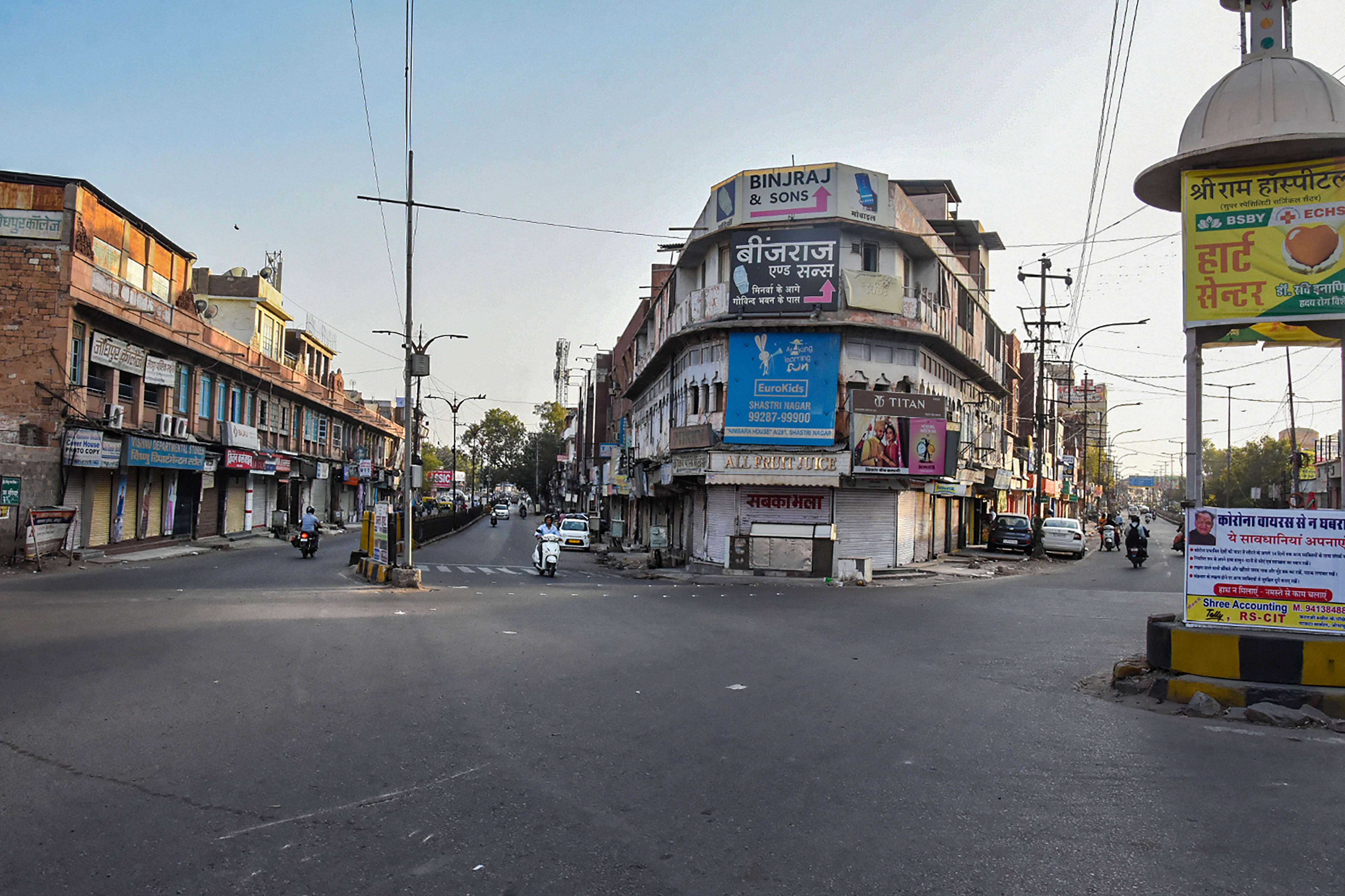 A deserted view of a market, in the wake of coronavirus pandemic, in Jodhpur, March 21, 2020.