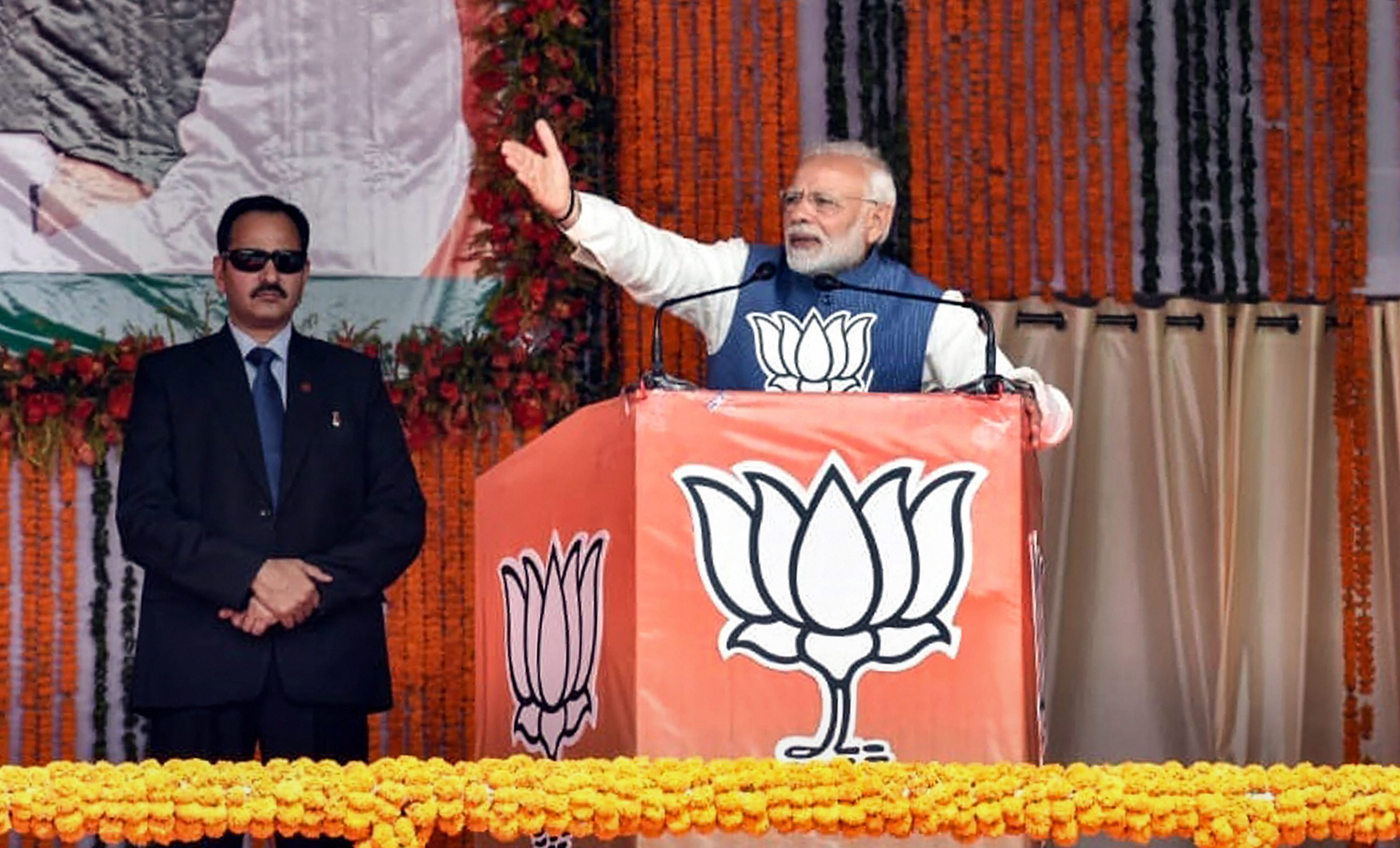 Narendra Modi addresses a rally for the second phase of the Chhattisgarh Assembly elections in Ambikapur on Friday.