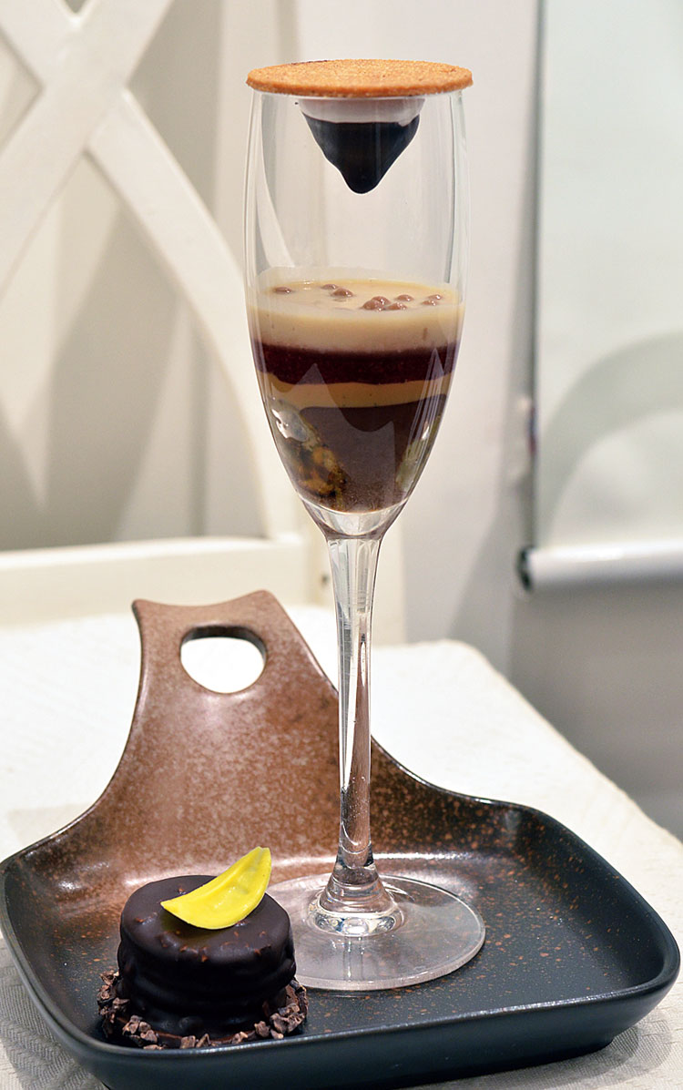 Banana-Hazelnut Praline by Fabelle, ITC Sonar: For this decadent dessert, Ruby Islam, master chocolatier, Fabelle, tapped into memories of her childhood and her idea of comfort food by using layered Saint-Domingue single-origin 70 per cent dark chocolate and chocolate praline mousse.