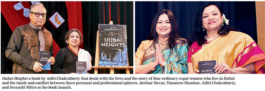 Dubai Heights a book by Aditi Chakraborty that deals with the lives and the story of four ordinary expat women who live in Dubai and the tussle and conflict between there personal and professional spheres. Jawhar Sircar, Tanusree Shankar, Aditi Chakraborty, and Sreyashi Mitra at the book launch.