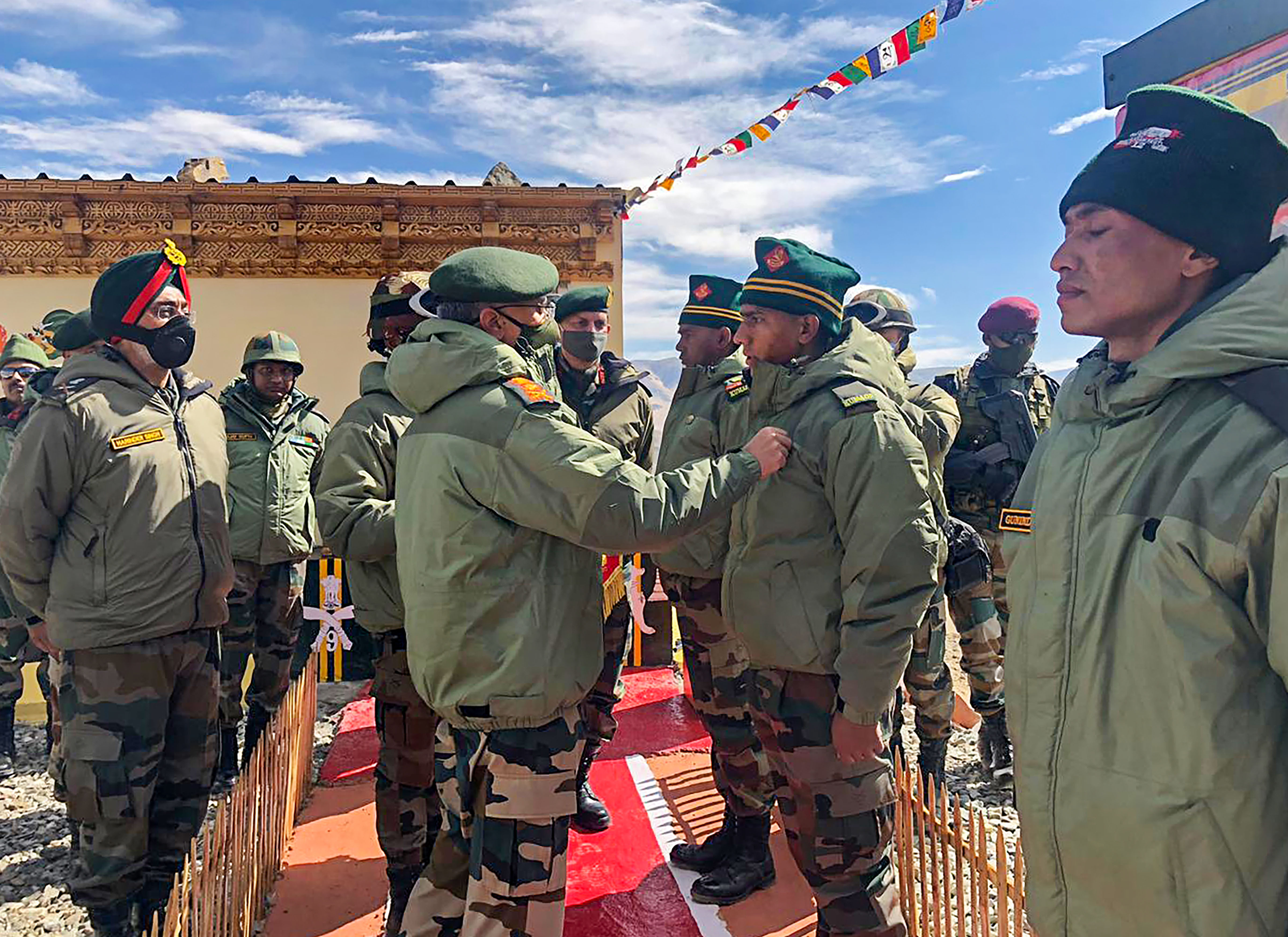 Indian Army chief MM Naravane with troops during his visit to eastern Ladakh on June 24
