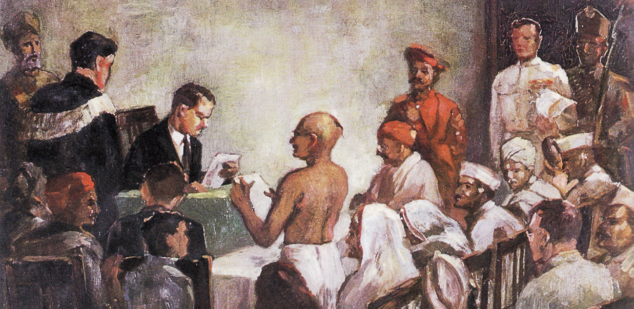 An illustration in a Gujarati magazine of Mahatma Gandhi being tried in court on charges of sedition in March 1922