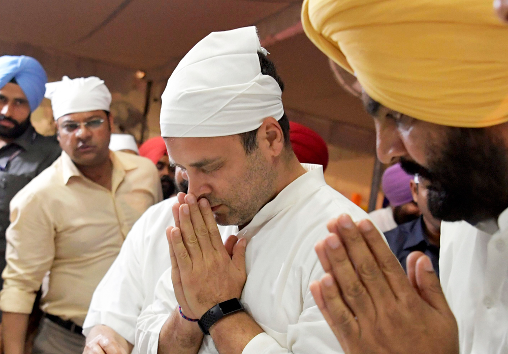 Congress president Rahul Gandhi prays at the Sri Harmandir Sahib in Amritsar on Friday.   