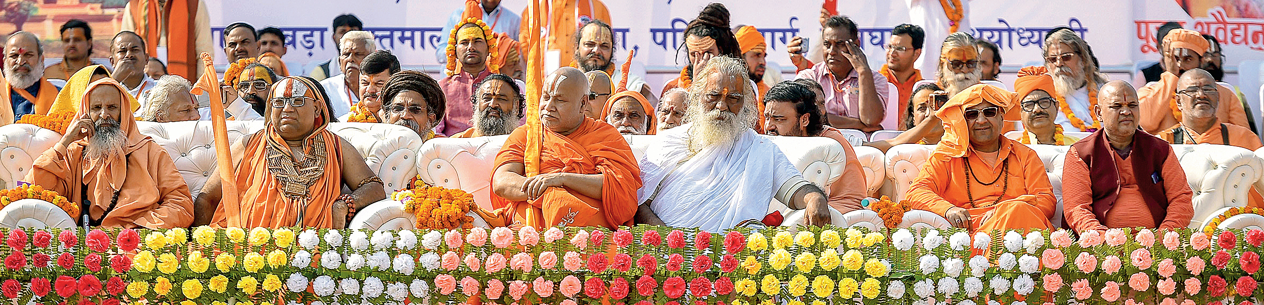 Seers at the Dharma Sabha organised by the Vishwa Hindu Parishad in Ayodhya on Sunday to push for the construction of the Ram temple. 