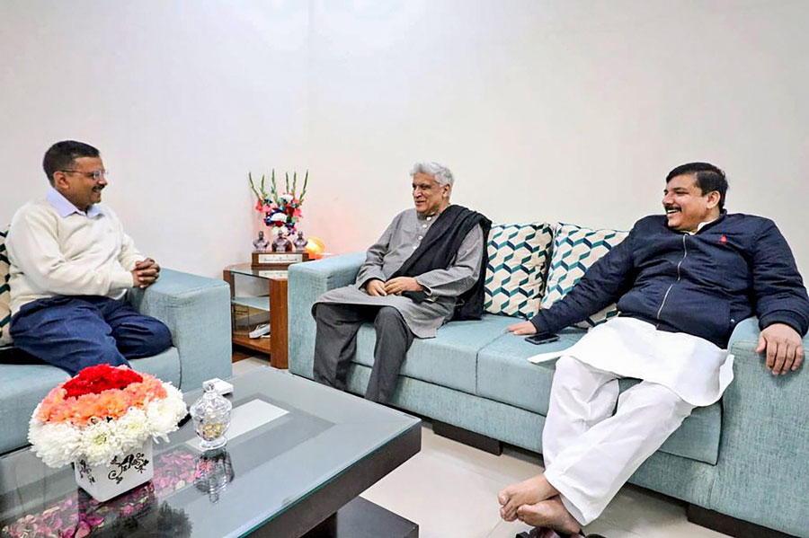 Delhi Chief Minister Arvind Kejriwal meets veteran writer-lyricist Javed Akhtar at his residence, in New Delhi