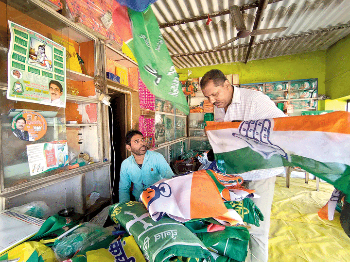Election merchandise on display at a shop at Harmu Chowk in Ranchi on Monday. 

