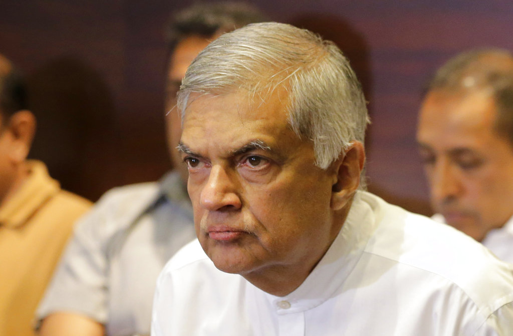Sri Lanka's sacked Prime Minister Ranil Wickeremesinghe attends a media briefing in Colombo, Sri Lanka on Saturday