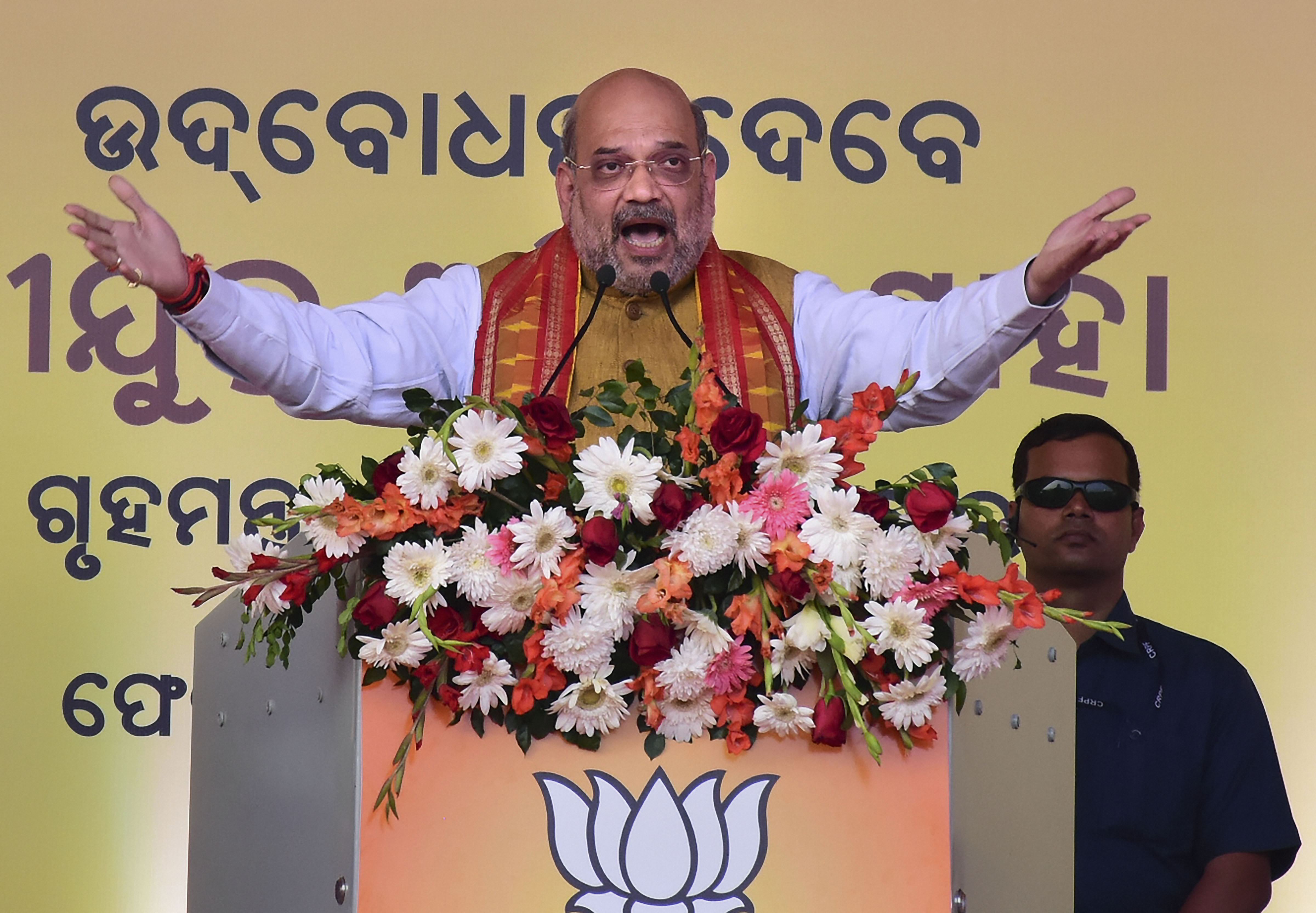 Home Minister Amit Shah addresses a rally in Bhubaneswar on Friday