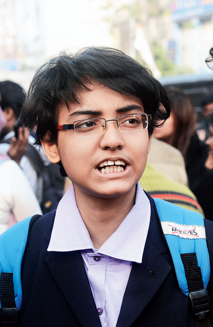 Shreya Bhattacharyya, a first-year student of Vidyasagar College
Her semester exams began on Tuesday. After the paper finished at 1pm, she did not head home but joined a rally from Hazra to Nizam Palace