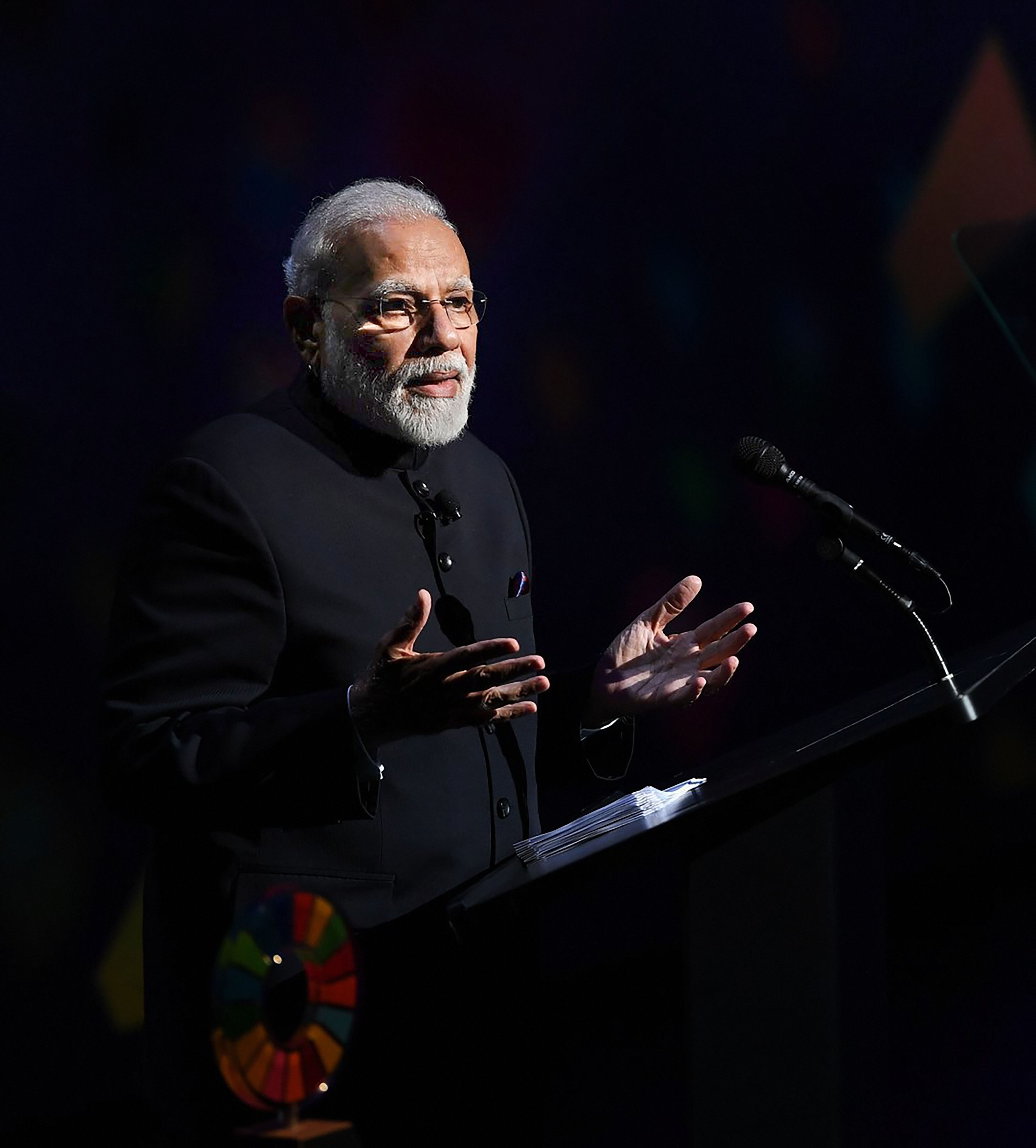 Prime Minister Narendra Modi addresses the crowd after being given the Global Goalkeeper Award by Bill and Melinda Gates Foundation for the Swachh Bharat Abhiyan launched by his government, in New York City, Wednesday, September 25, 2019