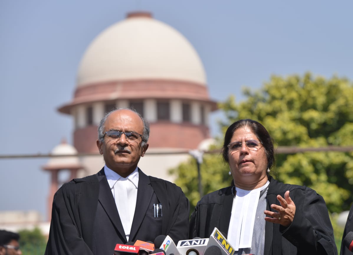Advocates Vrinda Grover and Prashant Bhushan addressing the media after the SC verdict on the Bhima Koregaon case on Friday