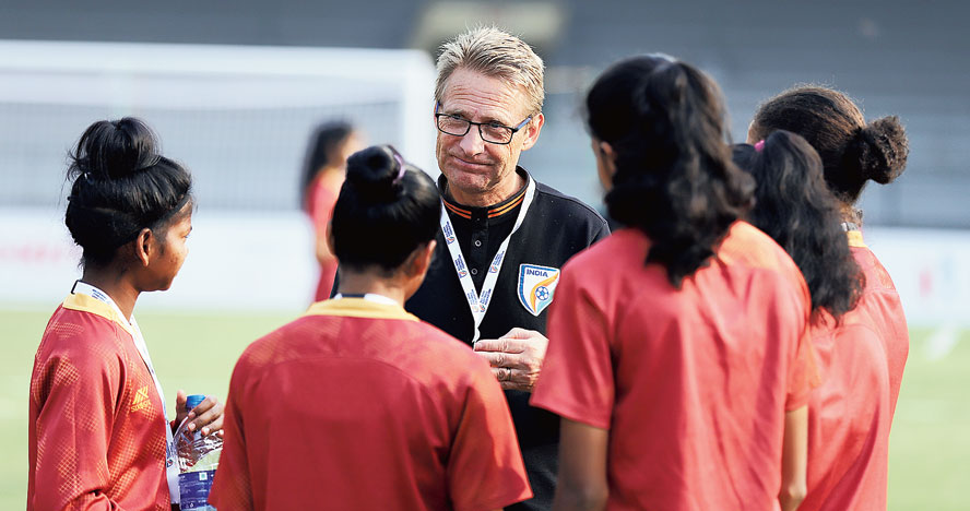India women U-17 team coach Thomas Dennerby with players during a training session. 