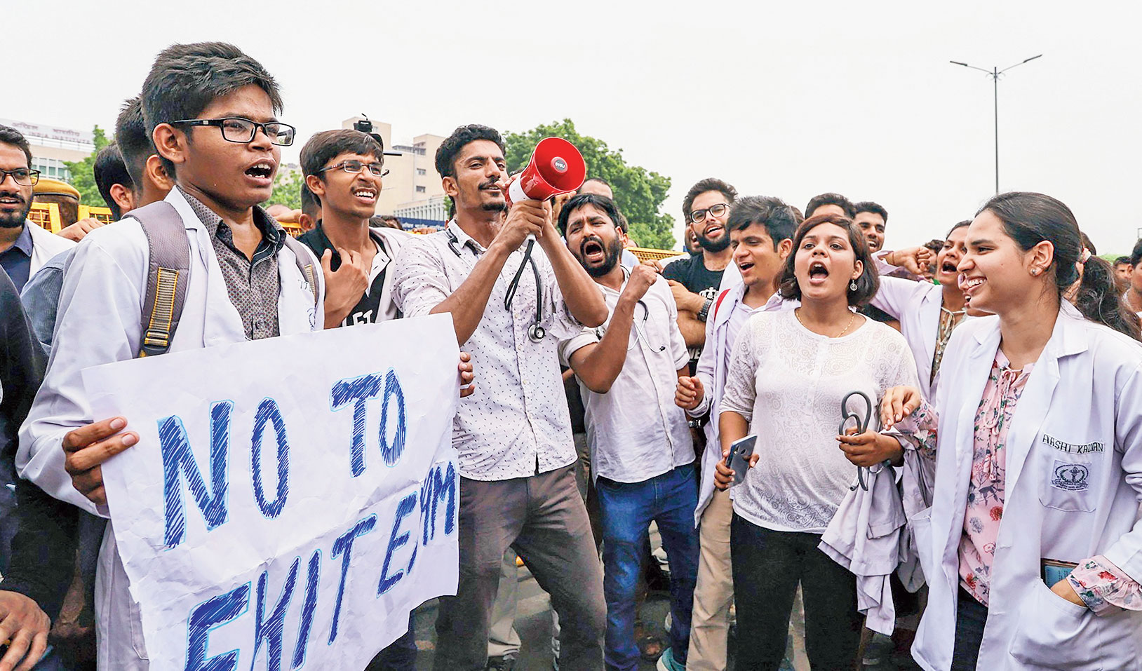 A protest against the passage of the National Medical Commission Bill outside AIIMS in New Delhi on Saturday. 