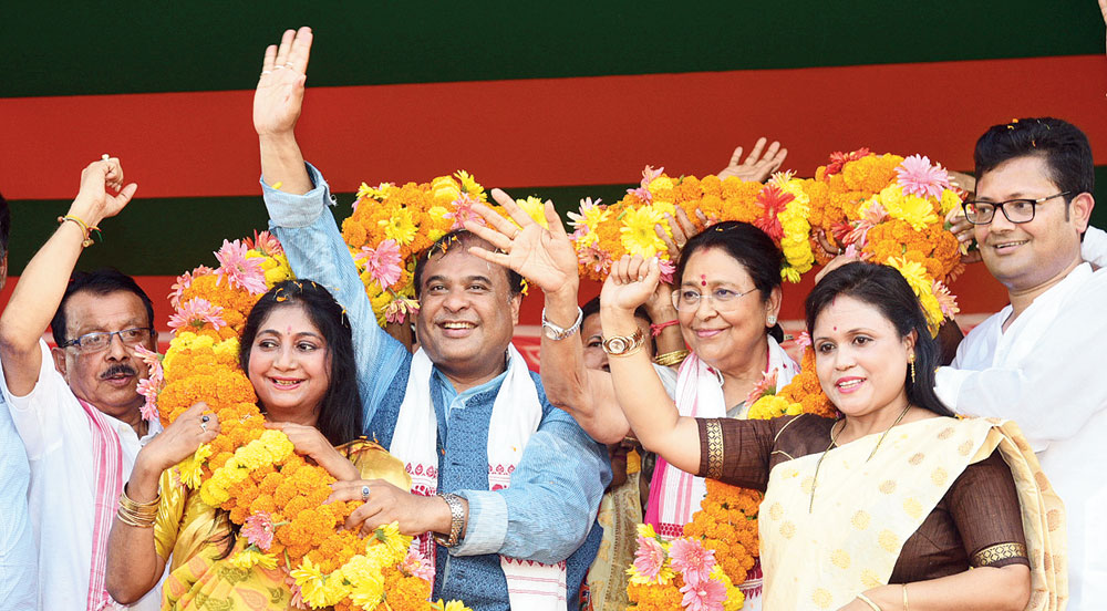 Assam minister Himanta Biswa Sarma takes part in a rally for Gauhati BJP candidate Queen Oja (third from right) at Hajo on Thursday