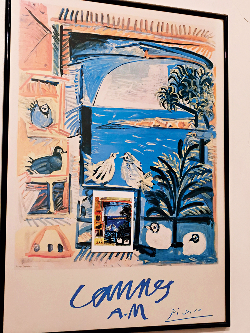 One of the faded posters a friend hangs on to is from Picasso’s 1958 series of paintings of dovecotes against the blue sea at Cannes