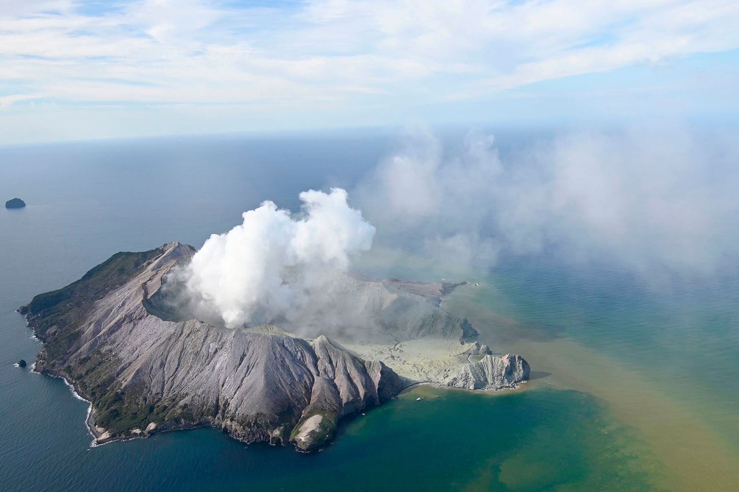An aerial photo of White Island after its volcanic eruption in New Zealand on December 9