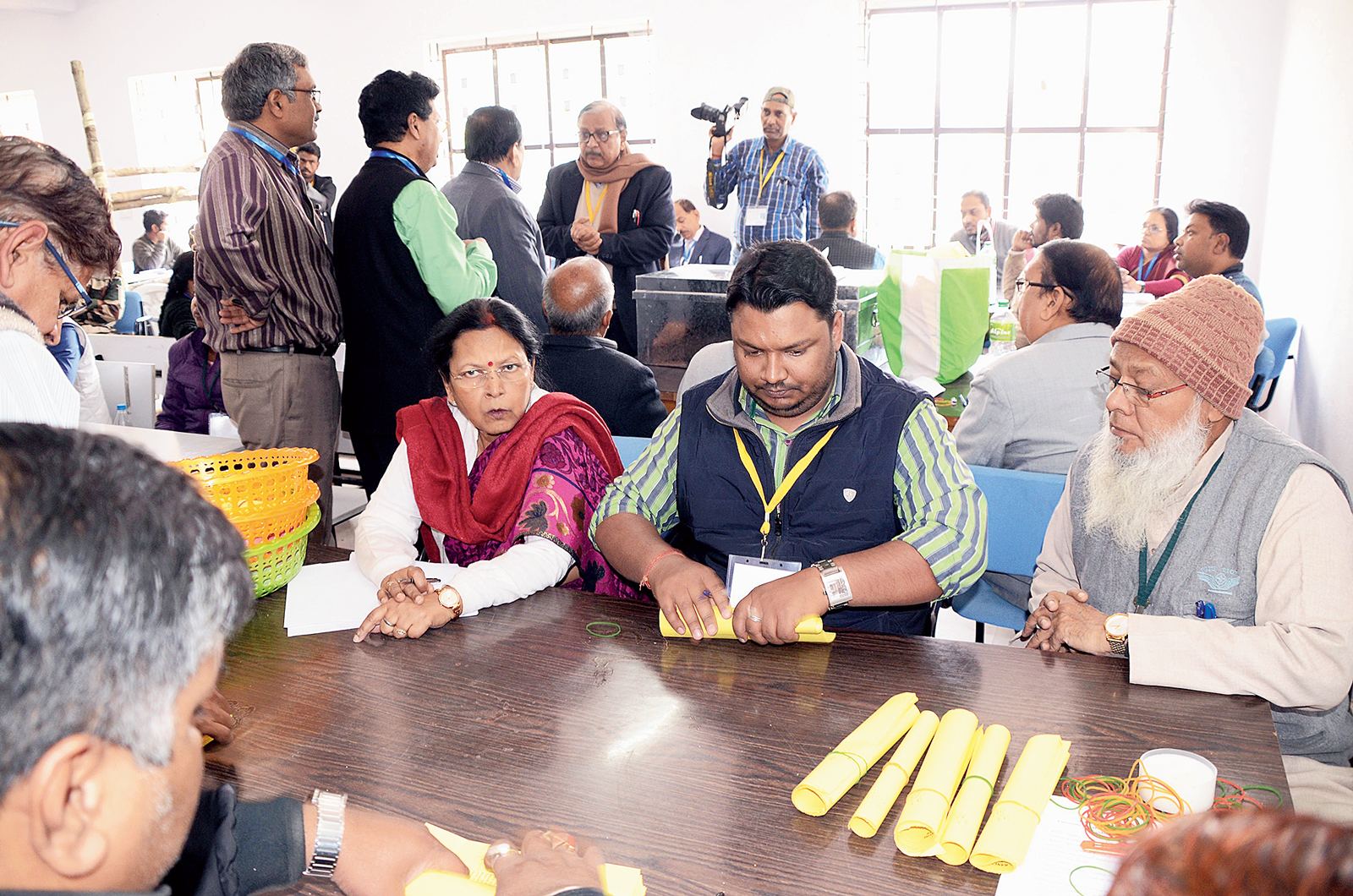 Numbers game: Officials at the counting room at Ranchi University in Morabadi on Tuesday. 
