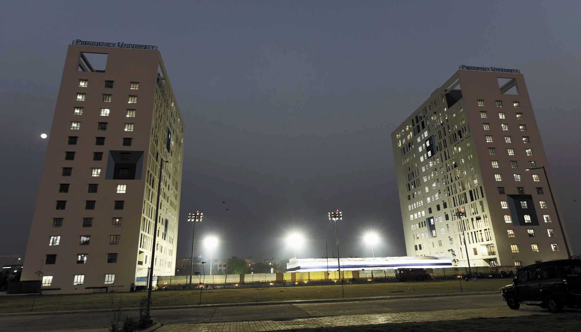 Two 14-storey towers on the New Town campus of Presidency University, near Biswa Bangla Convention Centre. 
