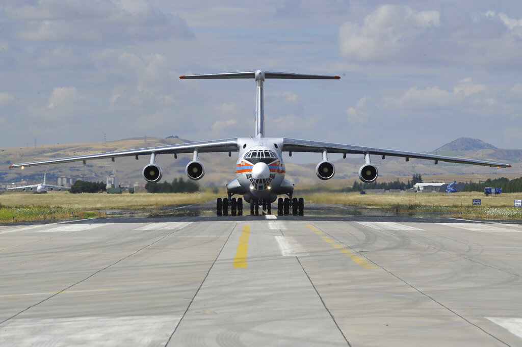 A Russian transport aircraft, carrying parts of the S-400 air defense systems, lands at Murted military airport in Ankara, Turkey, Friday, July 12, 2019. 