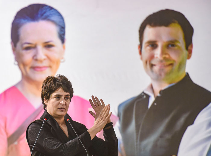 AICC General Secretary Priyanka Gandhi speaks during an election campaign rally ahead of the State Assembly polls, at Hauz Qazi Chowk in New Delhi, on Wednesday
