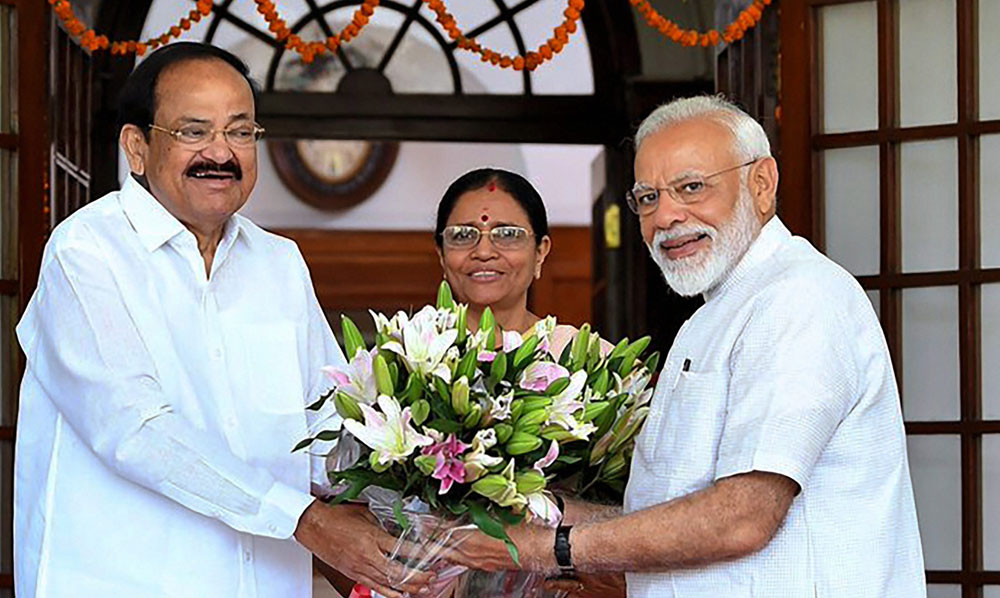 Prime Minister Narendra Modi greets Vice President M Venkaiah Naidu in New Delhi on Sunday