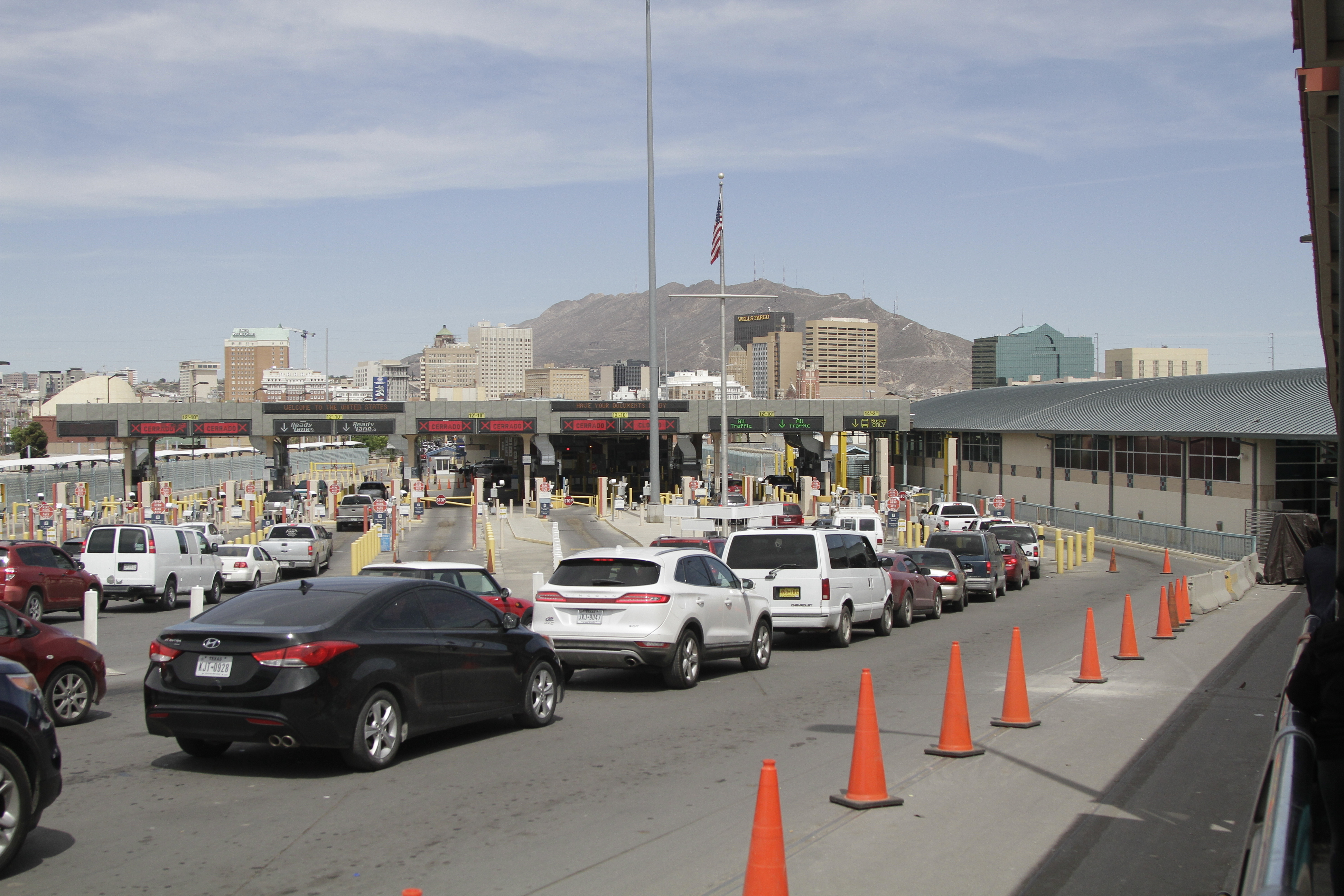 Vehicles from Mexico and the U.S. approach a border crossing in El Paso, Texas, Monday, April 1, 2019. 