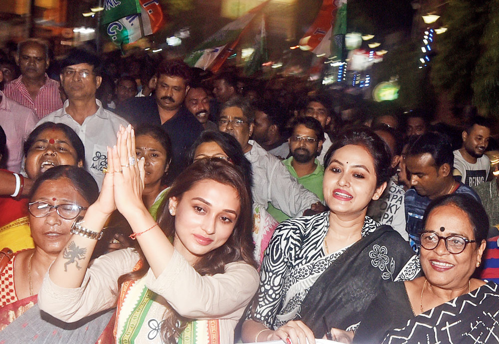Actress Mimi Chakraborty on the first day of her election campaign in Jadavpur on Tuesday