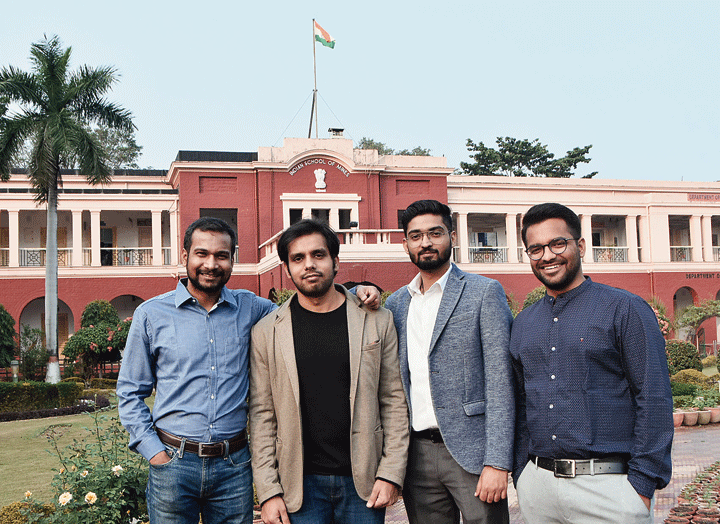 Apurv Gupta, Varun Pandey, Nikhil Agarwal, and Chitransh Jain in front of the IIT(ISM) building in Dhanbad on Tuesday. 